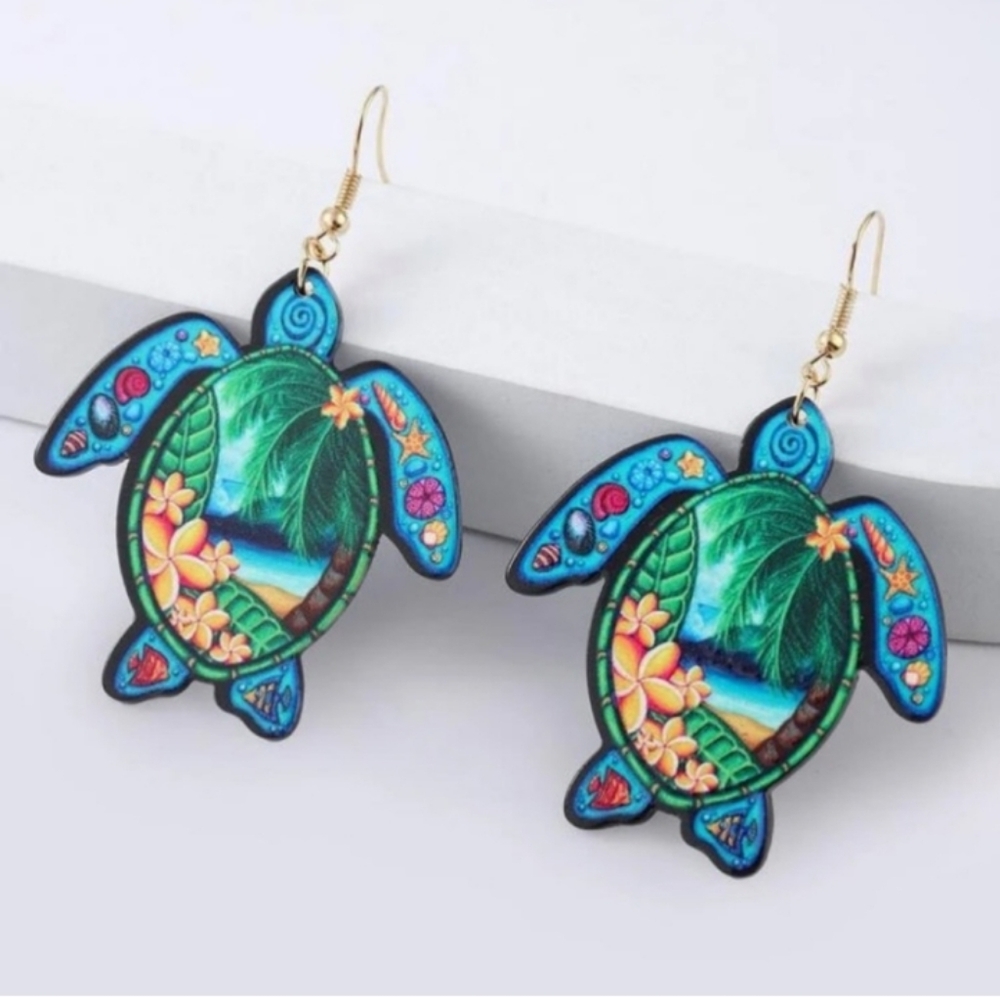 Tropical Turtle Dangle Earrings Resin Acrylic Stainless Steel Earwires NEW